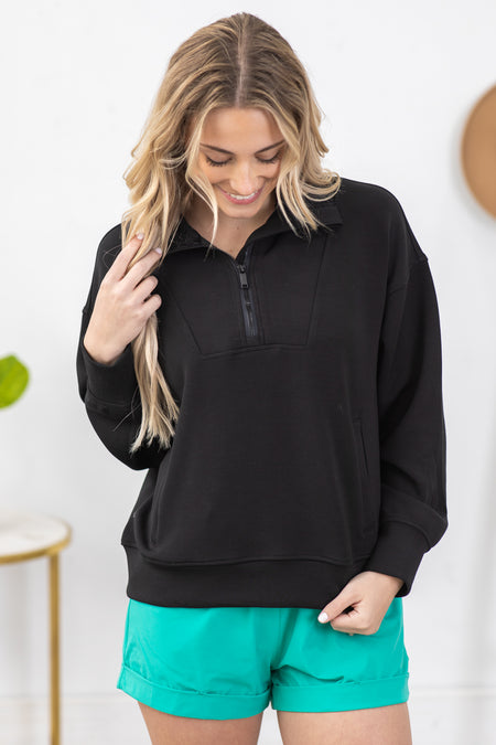 Black Modal Poly Span Quarter Zip Pullover Top