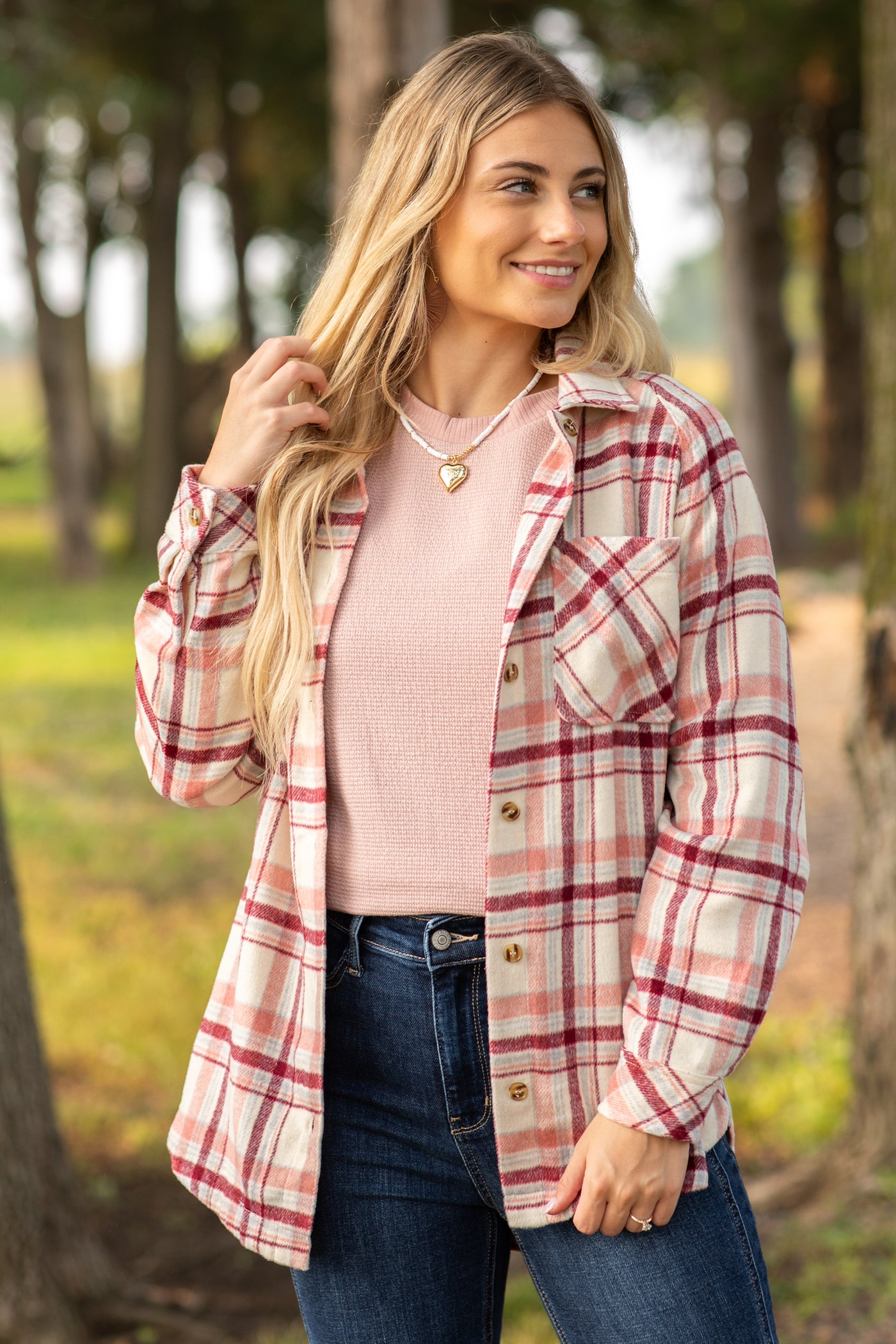 Blush and Taupe Plaid Button Up Top