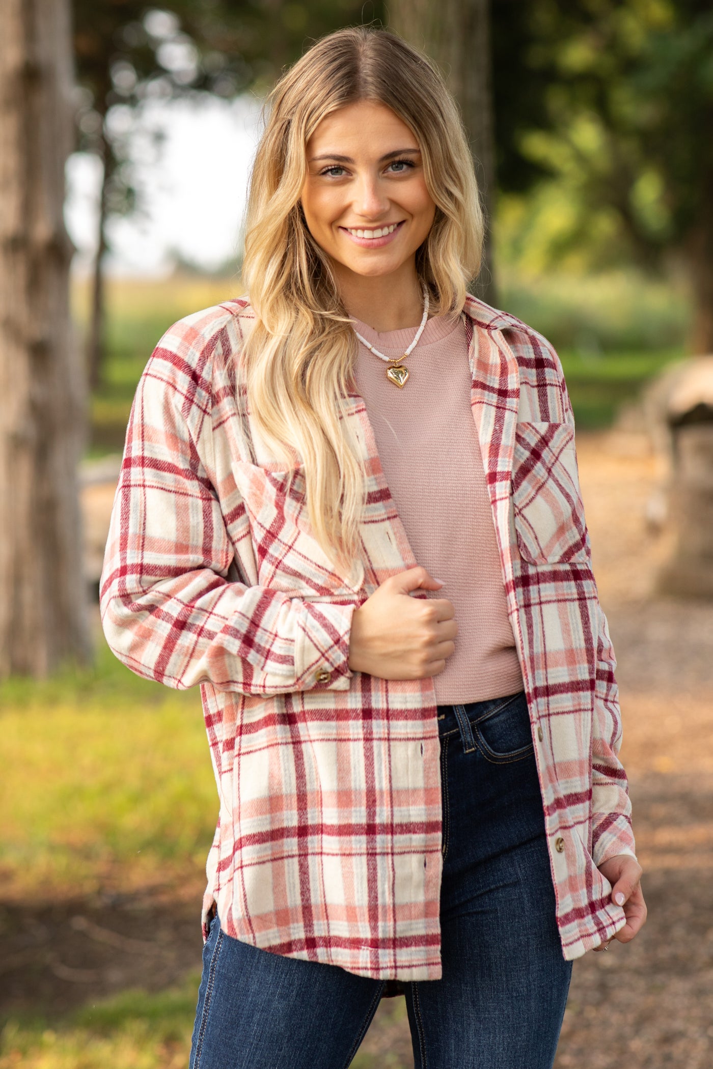 Blush and Taupe Plaid Button Up Top