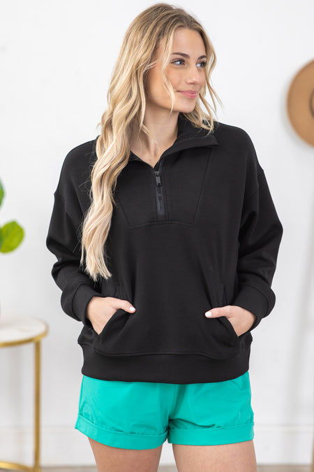 Black Modal Poly Span Quarter Zip Pullover Top