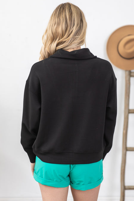 Black Modal Poly Span Quarter Zip Pullover Top