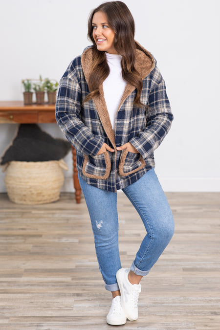 Navy and Mocha Plaid Sherpa Lined Jacket