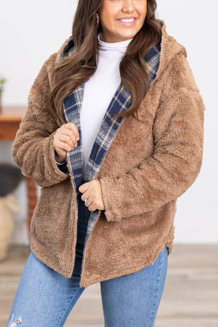 Navy and Mocha Plaid Sherpa Lined Jacket