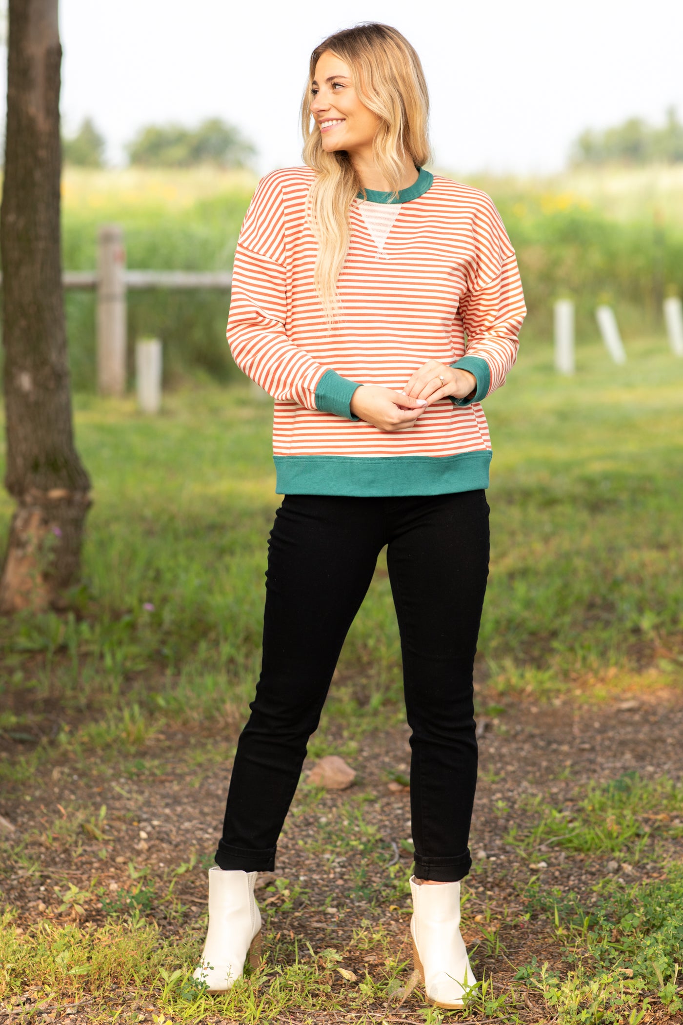 Rust And Teal Striped Terry Pullover