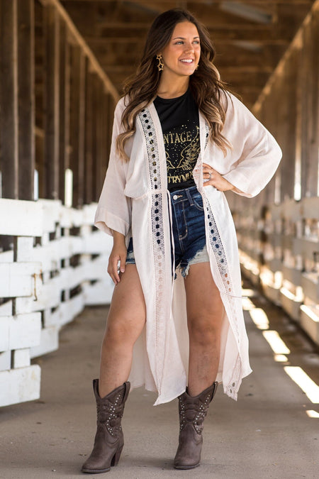 Beige Crochet Trim Duster Length Kimono - Filly Flair