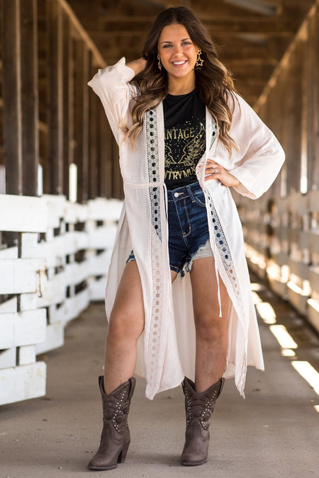 Beige Crochet Trim Duster Length Kimono - Filly Flair