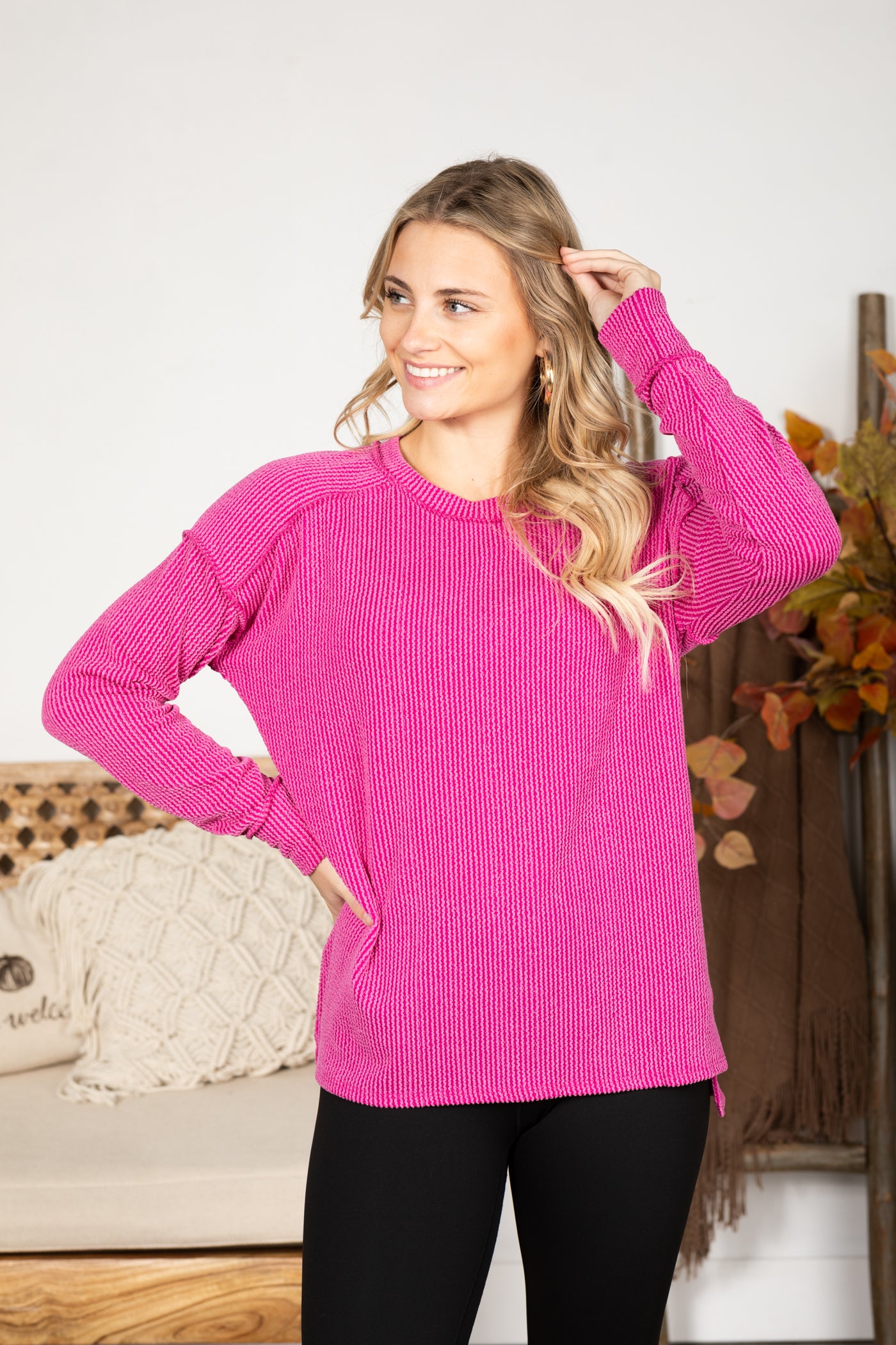 Ribbed Drop Shoulder Long Sleeve Knit Top