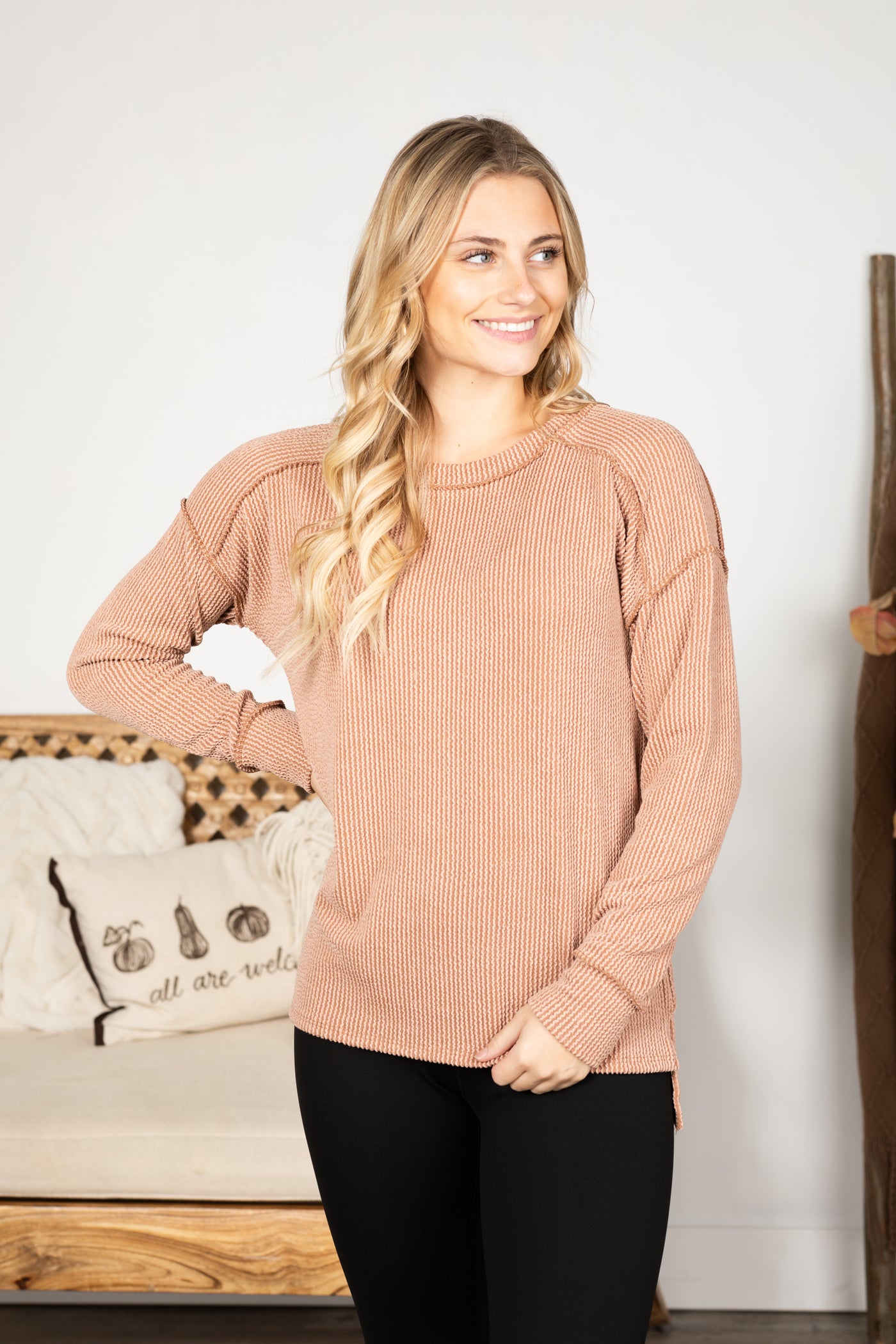 Ribbed Drop Shoulder Long Sleeve Knit Top