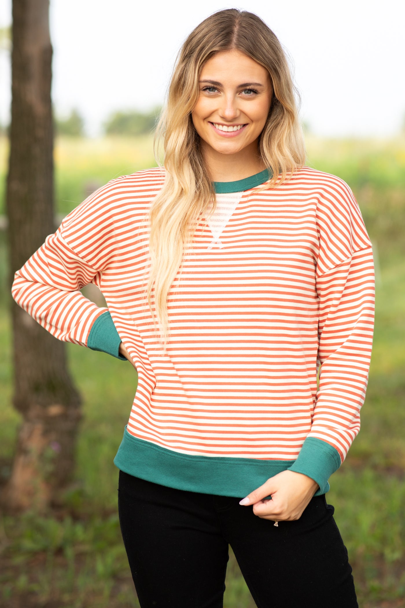 Rust And Teal Striped Terry Pullover