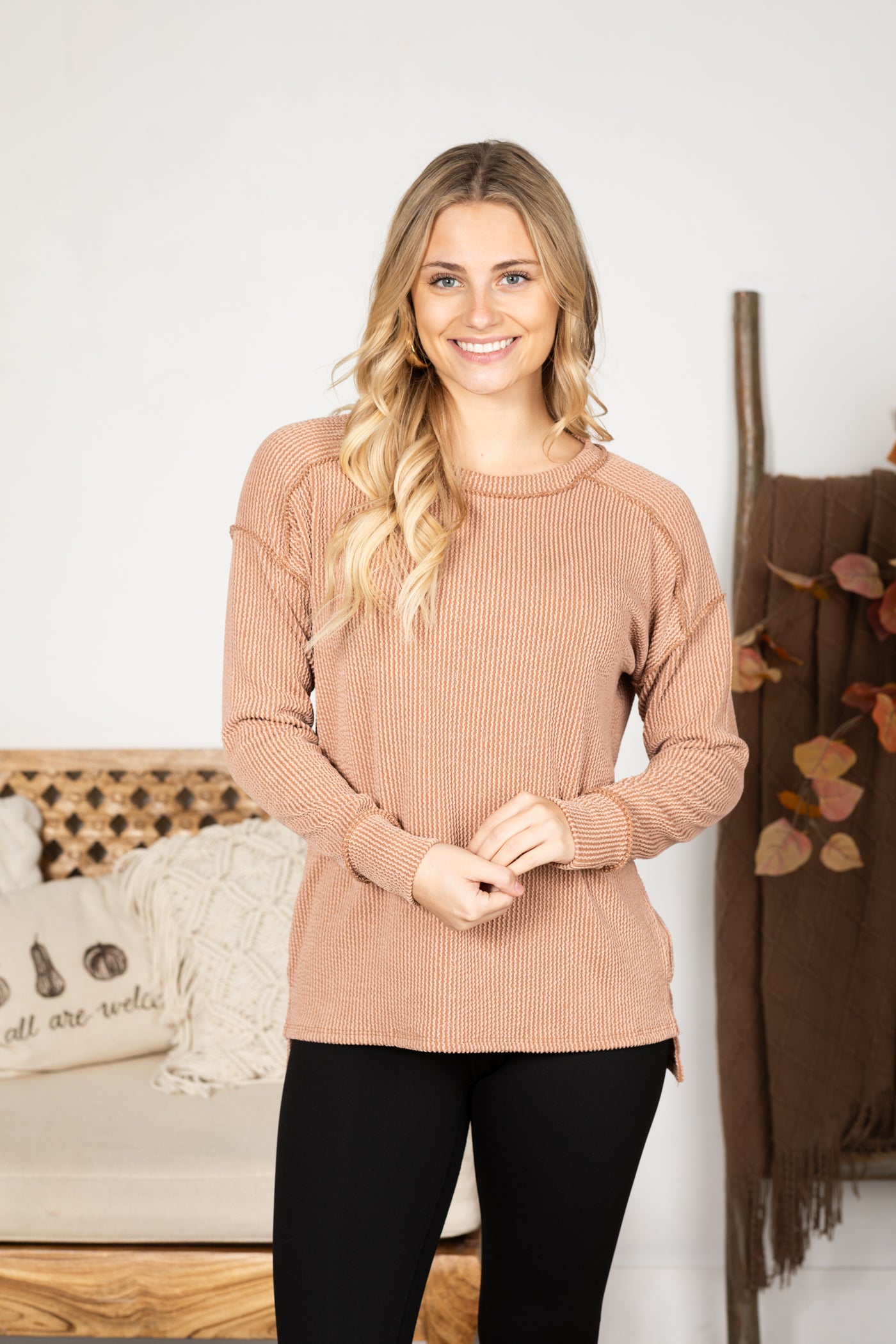 Ribbed Drop Shoulder Long Sleeve Knit Top