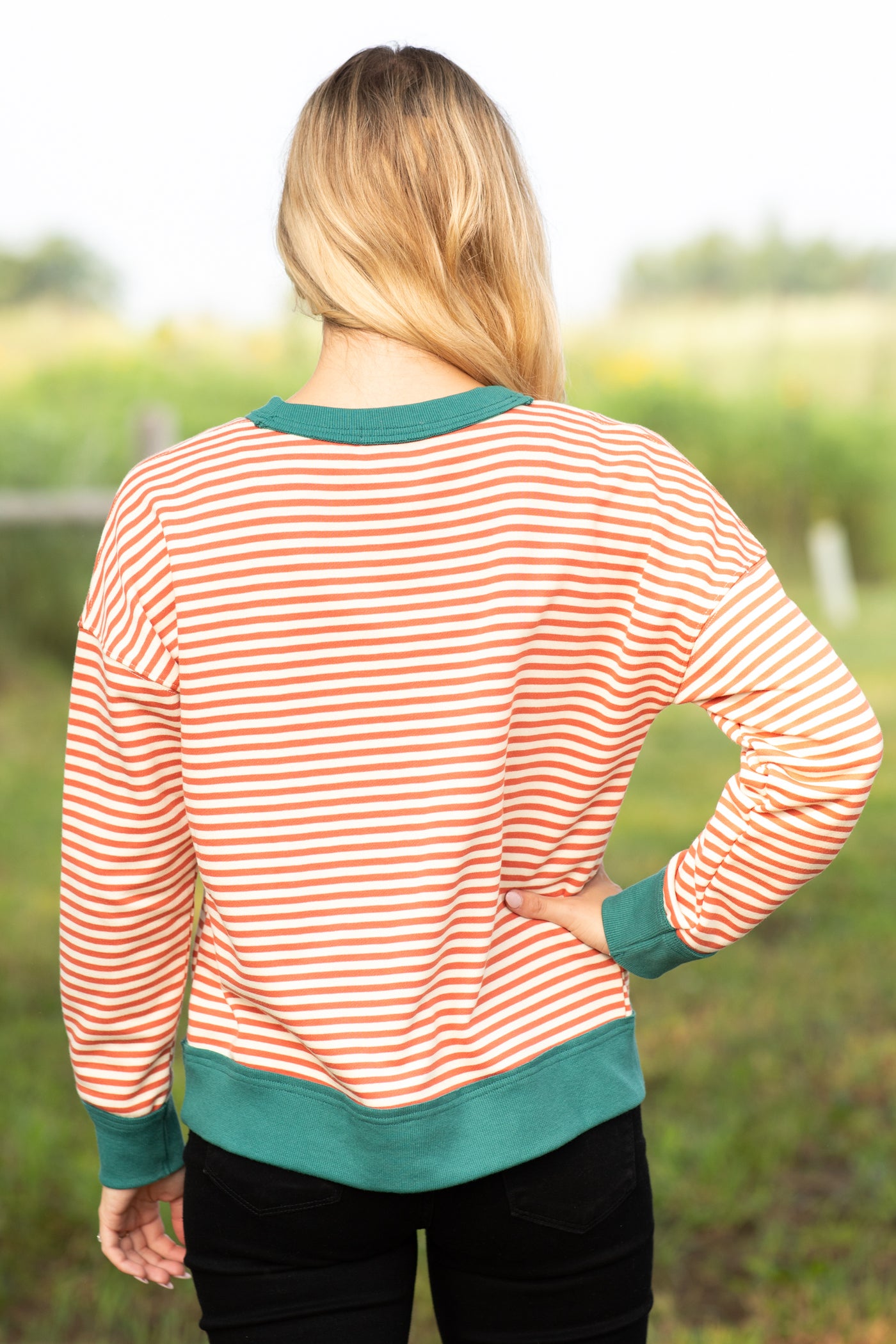 Rust And Teal Striped Terry Pullover