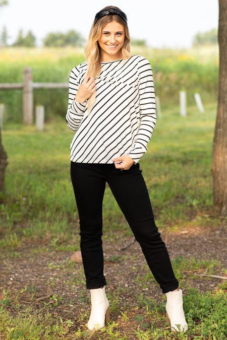 Boat Neck Striped Baby Rib Knit Top