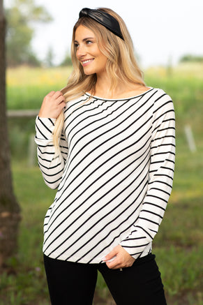 Boat Neck Striped Baby Rib Knit Top