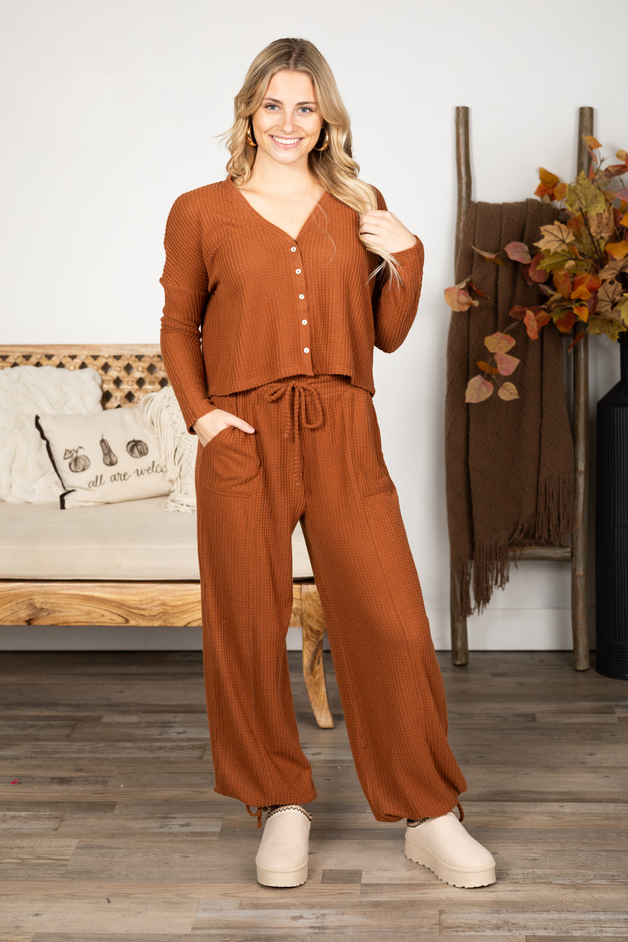 Waffle Button Front Top And Pants Set