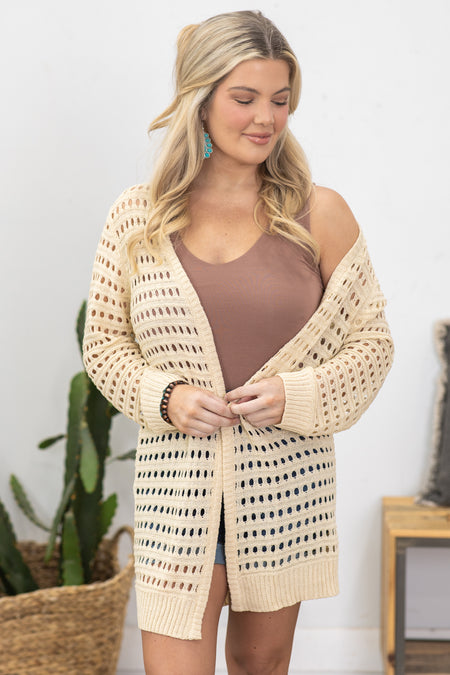 Beige Crochet Mid Length Cardigan