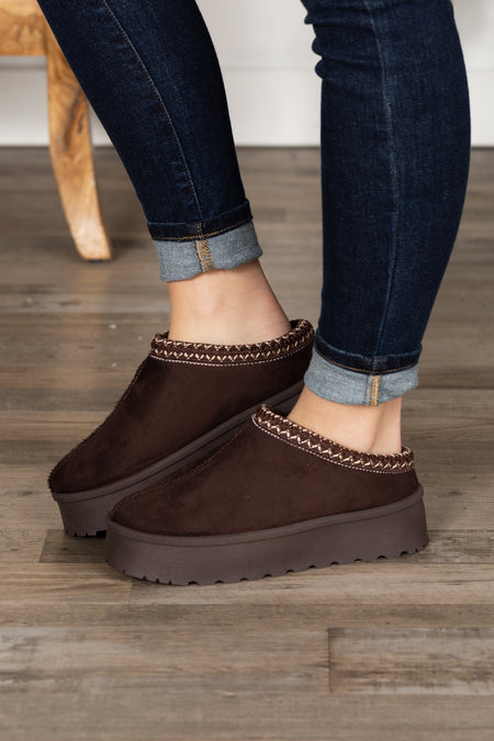 Brown Platform Sherpa Slip On Shoes With Seam