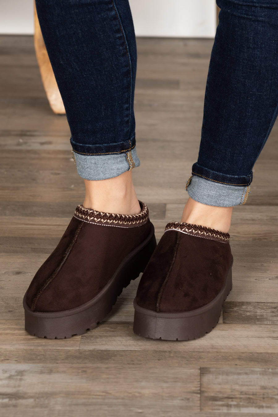 Brown Platform Sherpa Slip On Shoes With Seam