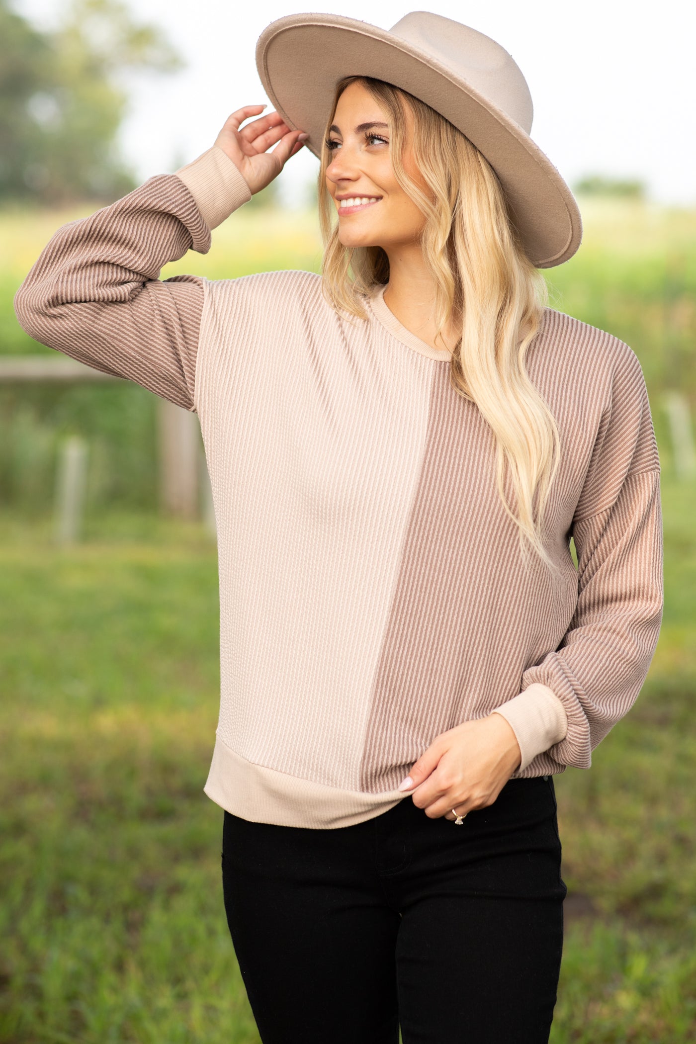 Two-Tone Colorblock Rib Knit Long Sleeve Top