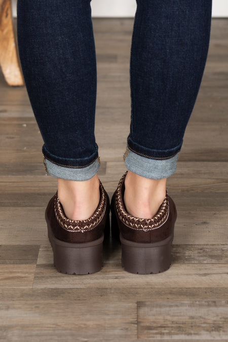 Brown Platform Sherpa Slip On Shoes With Seam