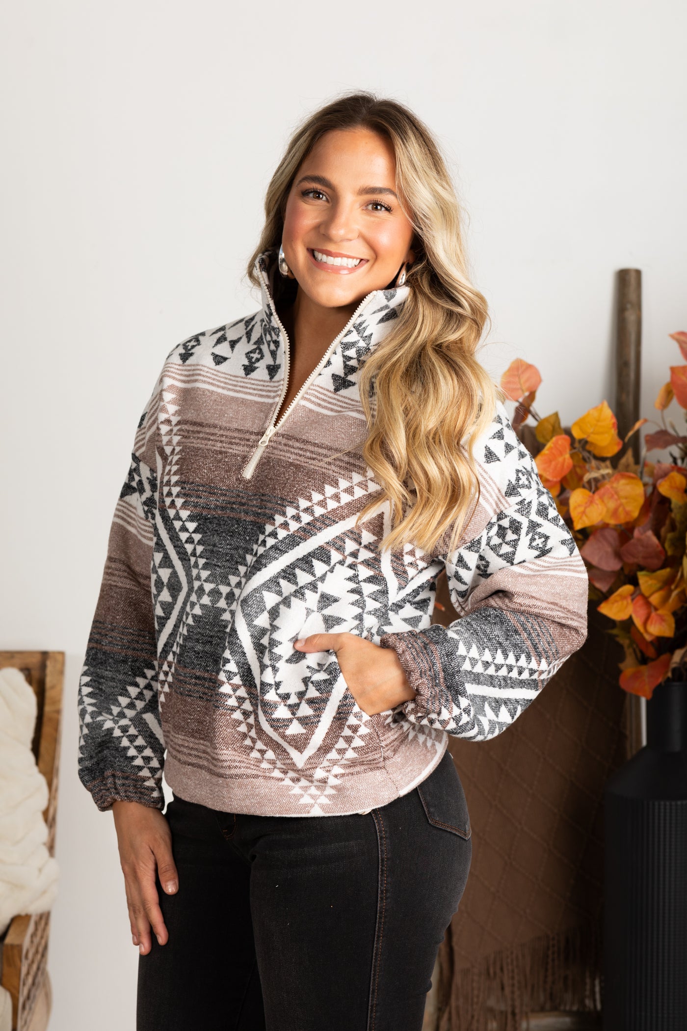 Black And Mocha Aztec Printed Woven Pullover