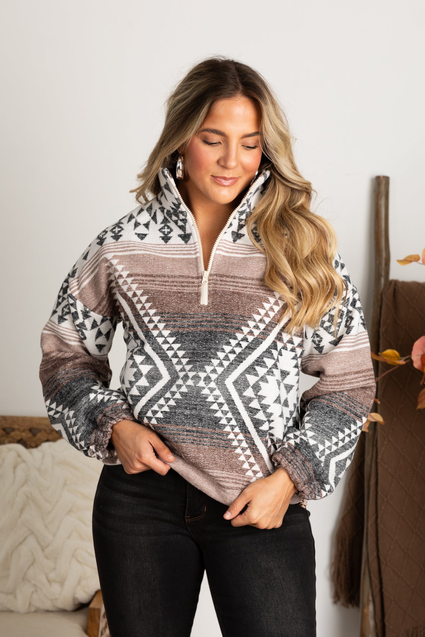 Black And Mocha Aztec Printed Woven Pullover