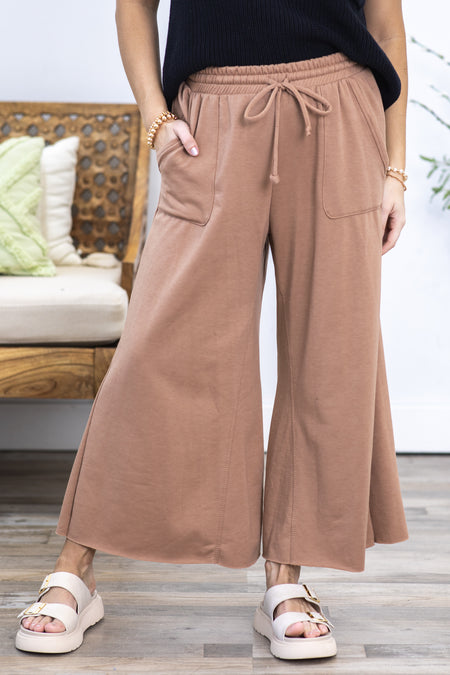 Mocha Tie-Wide Waist Banded Crop Pants