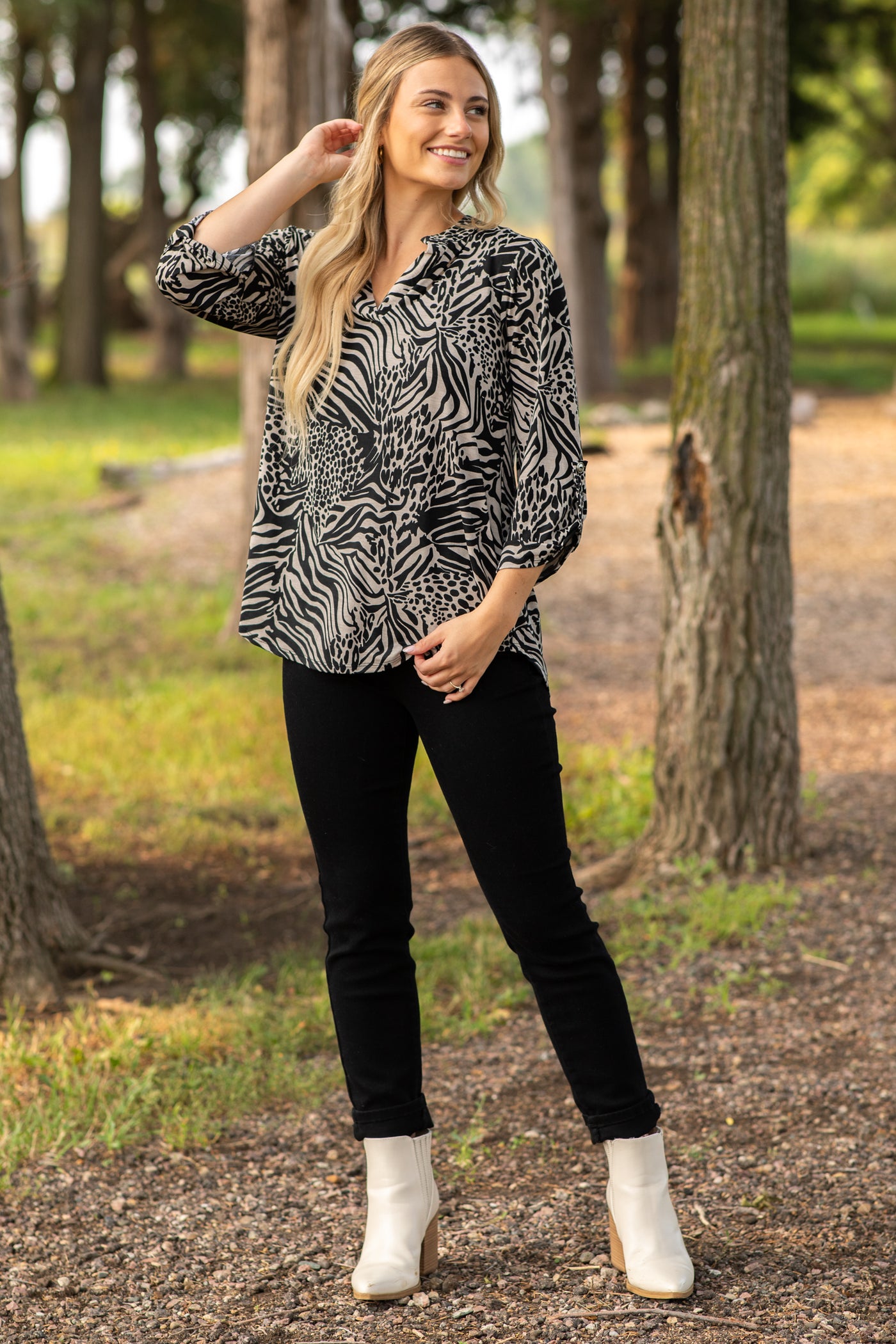 Black Zebra Wrinkle Free Knit Top