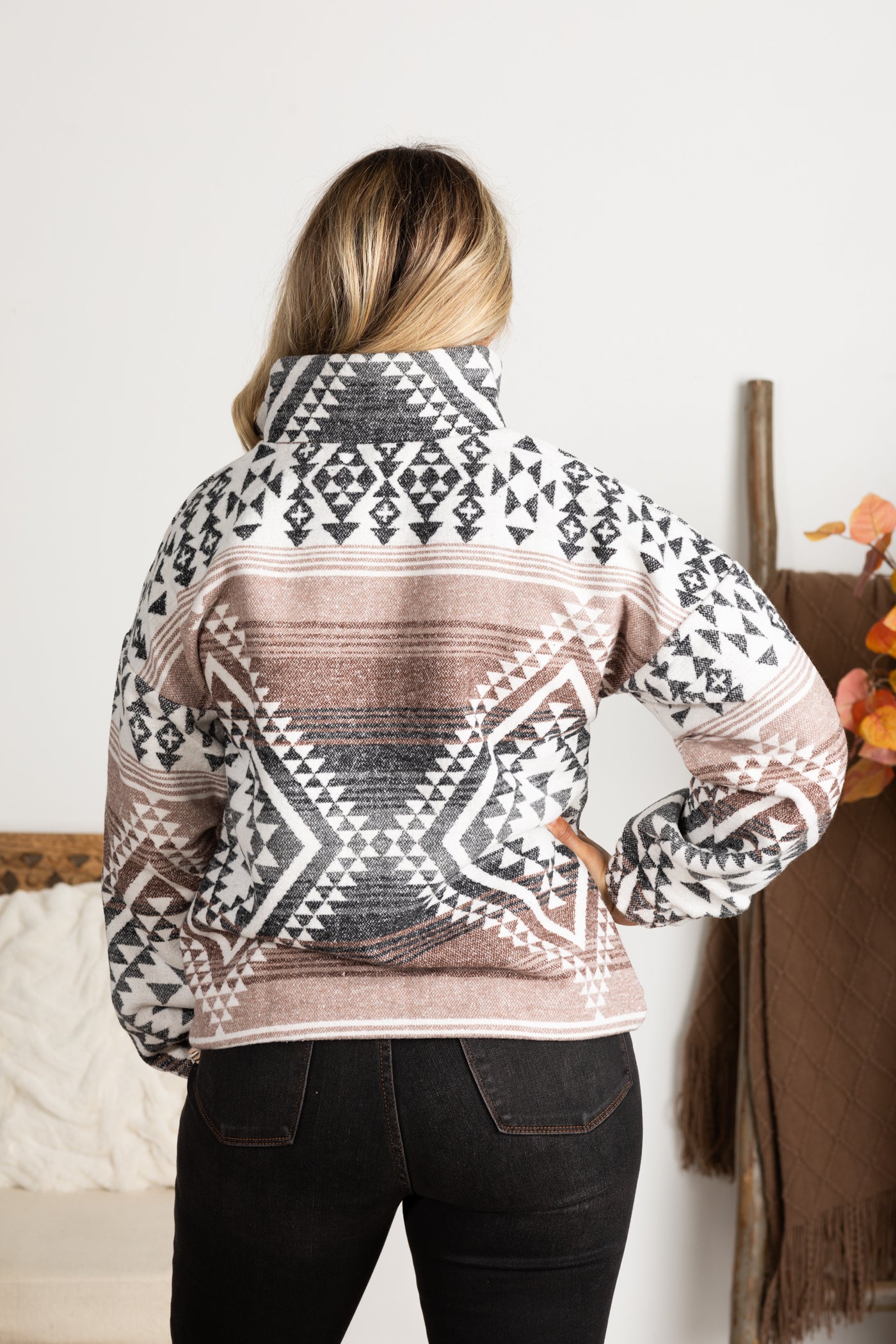 Black And Mocha Aztec Printed Woven Pullover