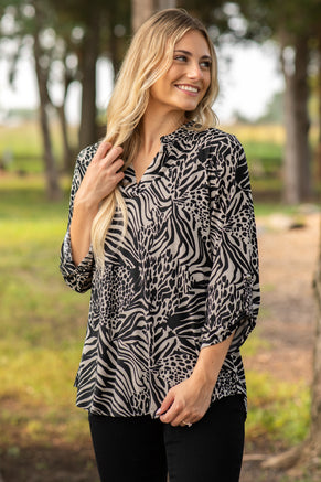 Black Zebra Wrinkle Free Knit Top