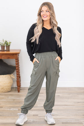 Olive High Waist Cargo Pocket Active Joggers