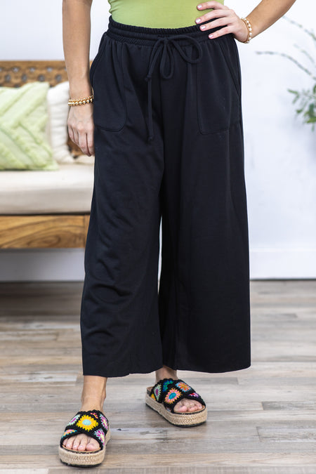 Black Tie-Wide Waist Banded Crop Pants