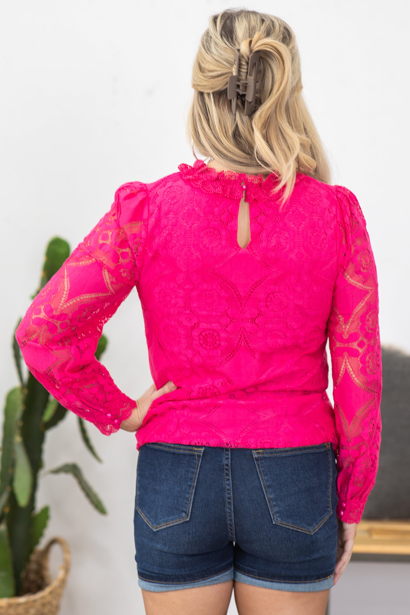 Hot Pink Lace Mock Neck Woven Top