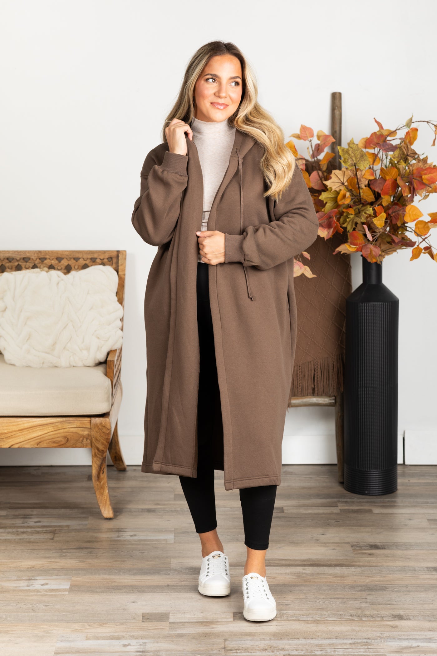 Long Drawstring Hoodie Cardigan