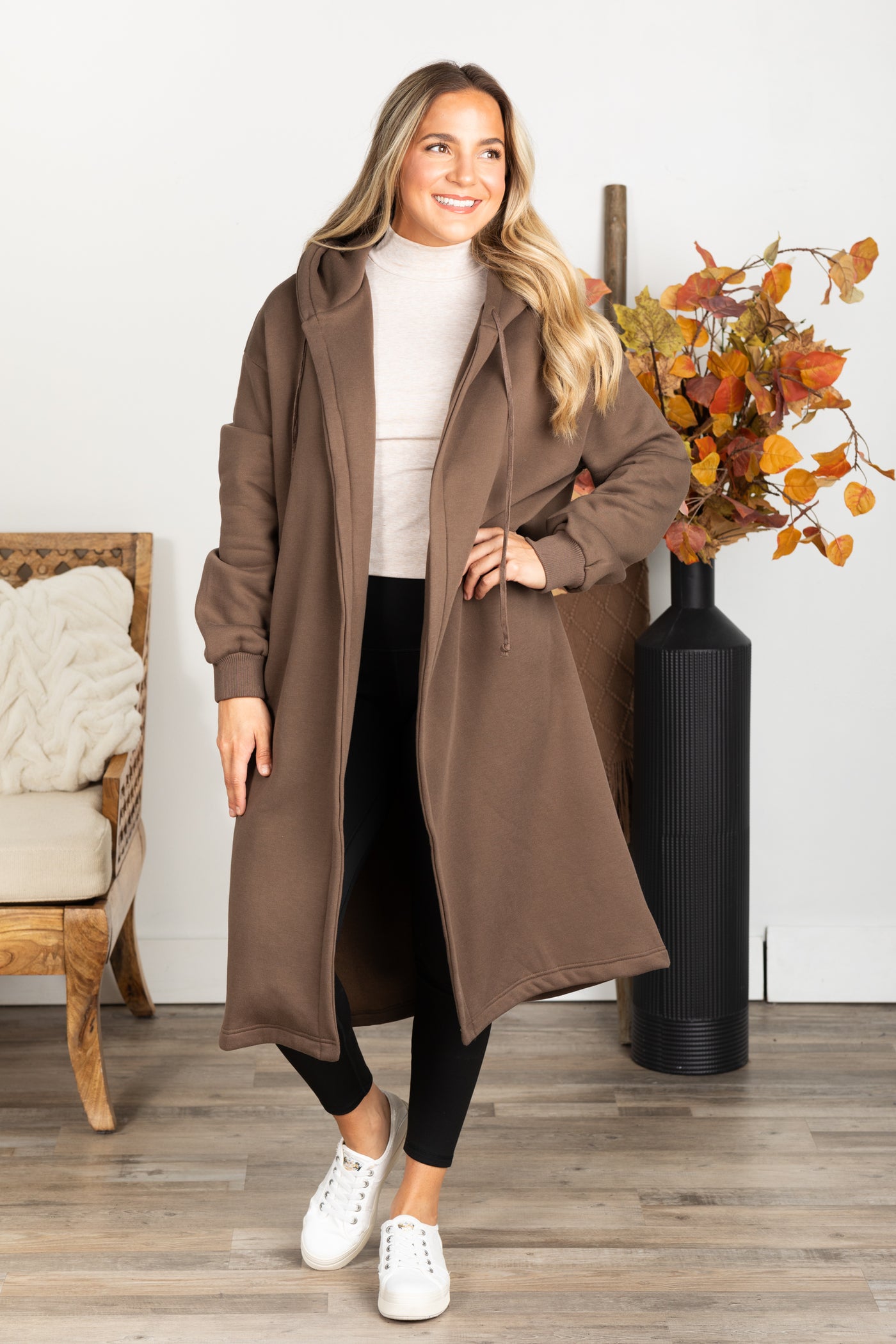 Long Drawstring Hoodie Cardigan