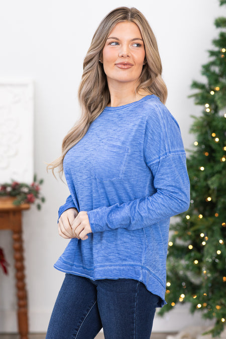 Blue Burnout Top With Pocket