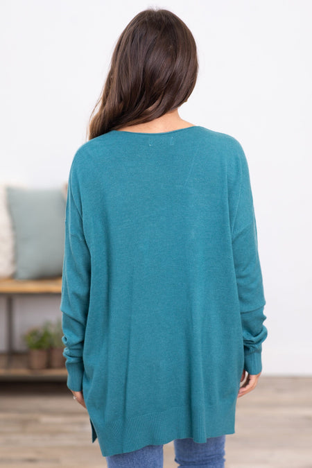 Dark Teal Front Seam Garment Dyed Sweater - Filly Flair