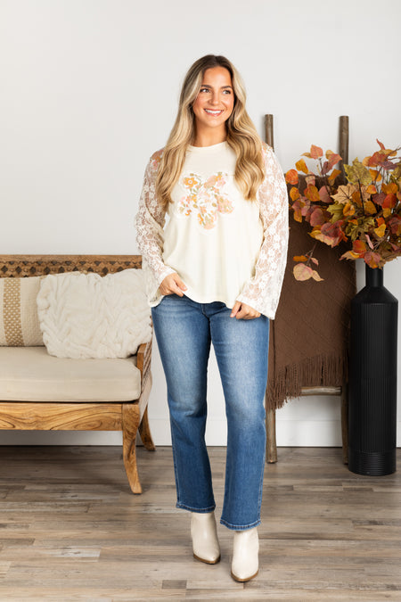 Cream Lace Sleeve Flower Patch Knit Top