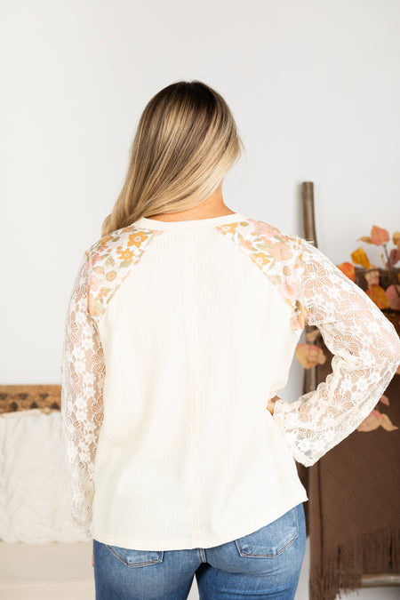 Cream Lace Sleeve Flower Patch Knit Top