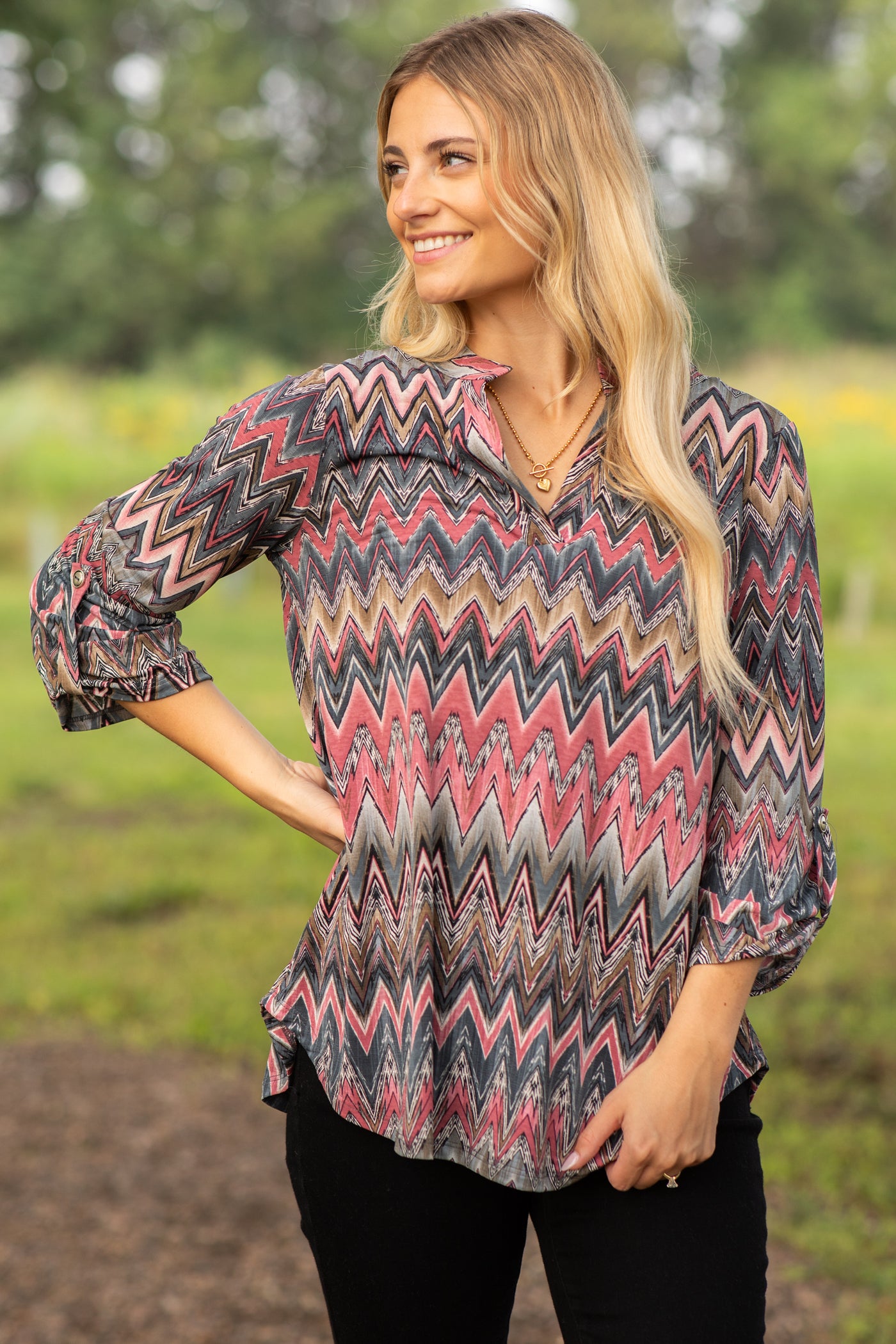 Slate Blue Chevron Wrinkle Free Lizzy Top