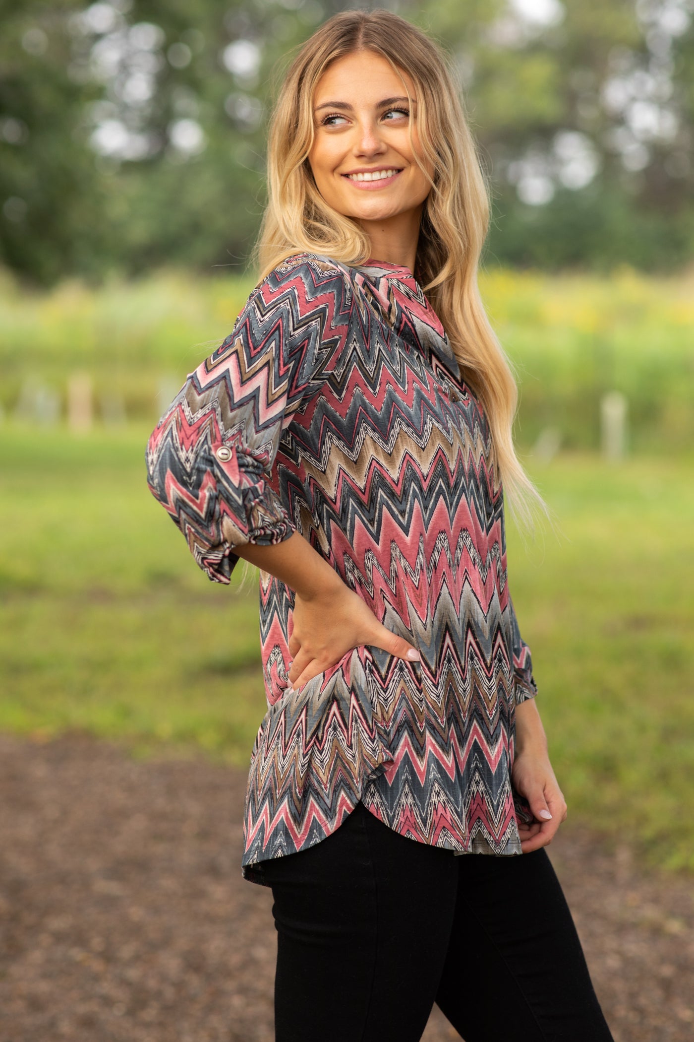 Slate Blue Chevron Wrinkle Free Lizzy Top