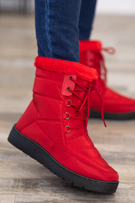 Red Faux Fur Trim Snow Boots