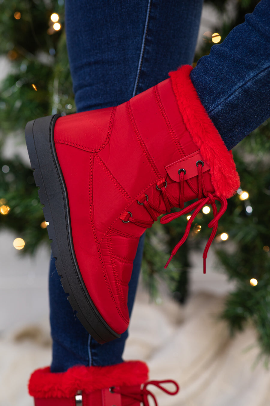 Red Faux Fur Trim Snow Boots