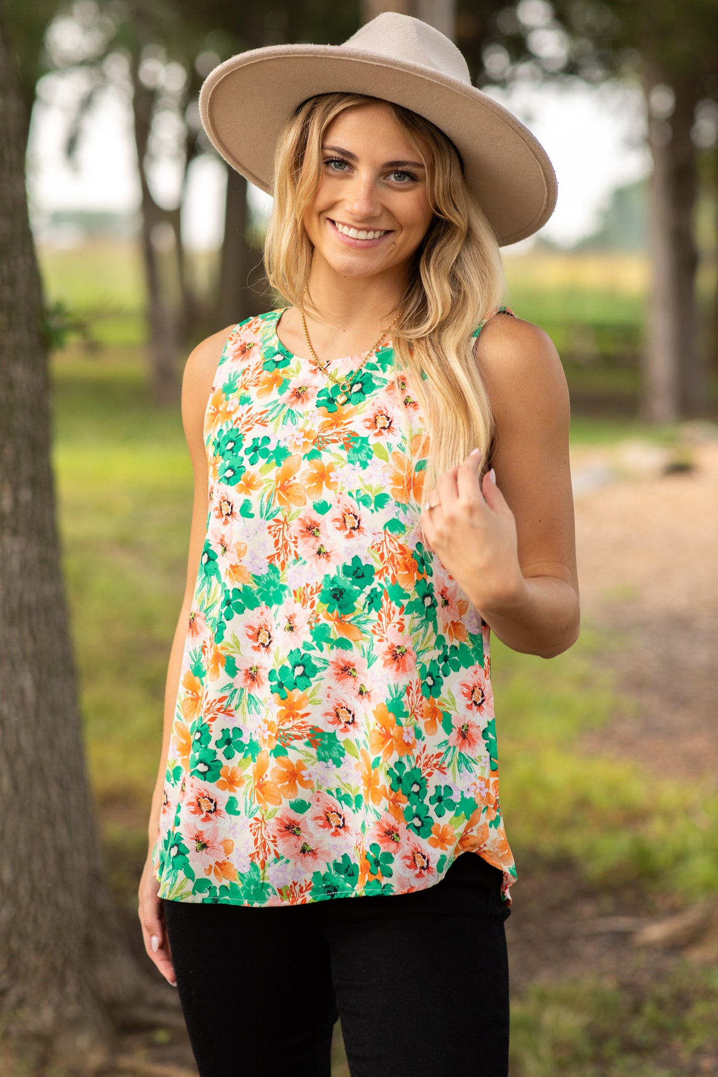 Kelly Green Floral Print Woven Tank