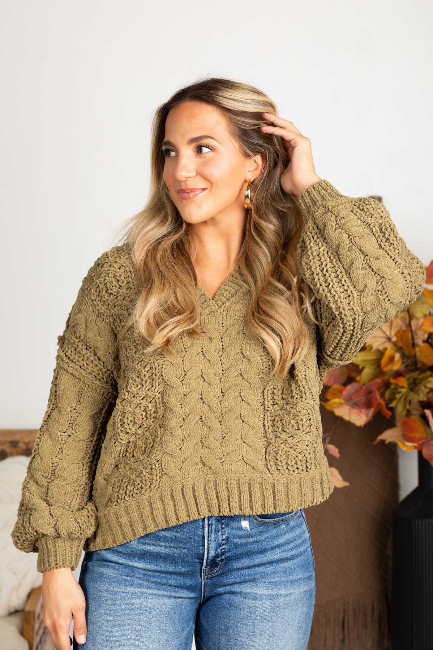 V-Neck Cable Chenille Sweater