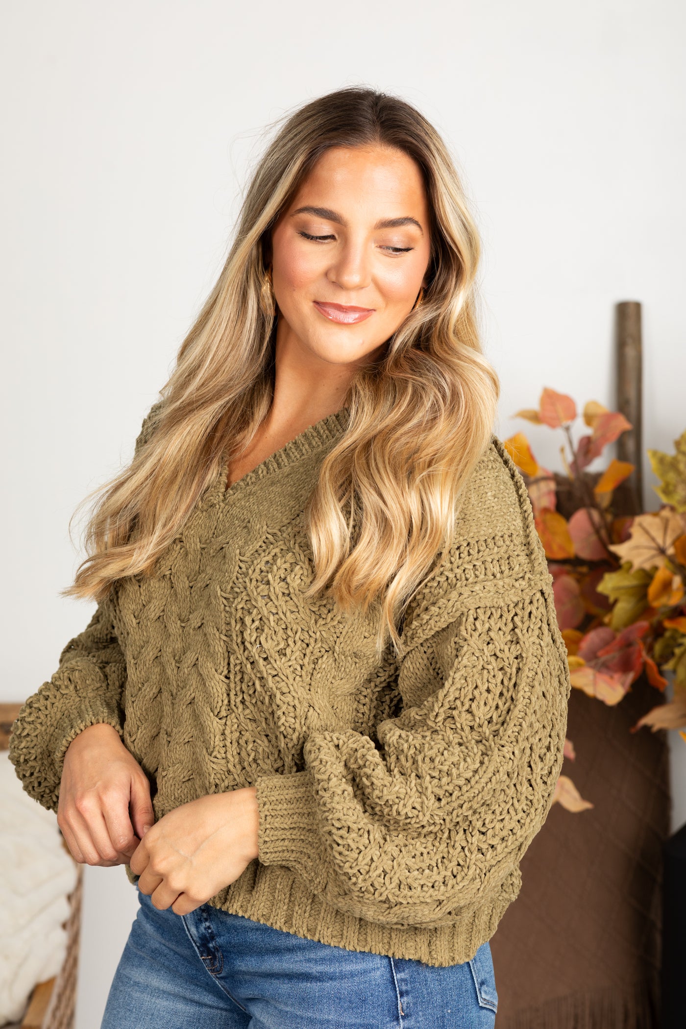 V-Neck Cable Chenille Sweater