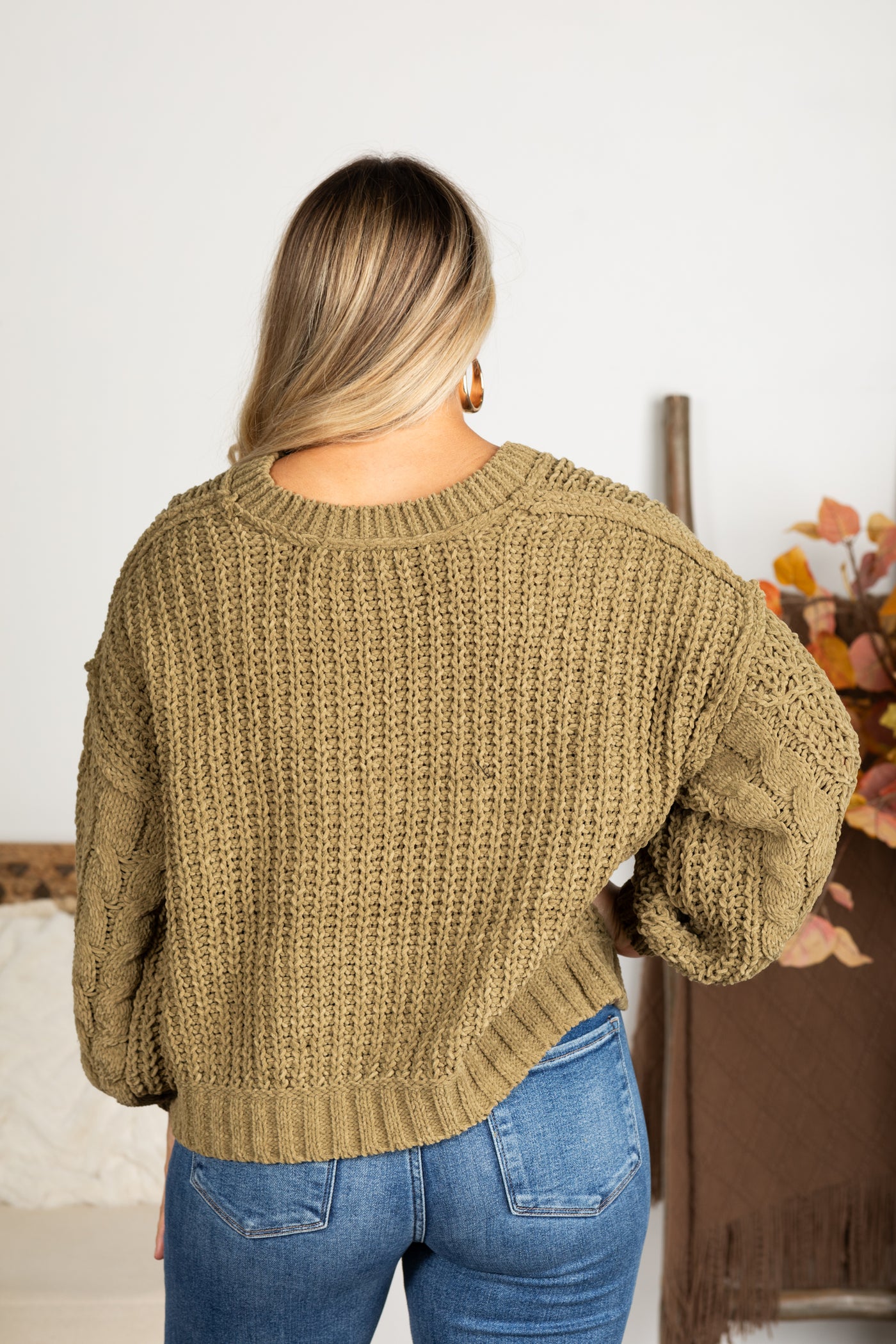 V-Neck Cable Chenille Sweater