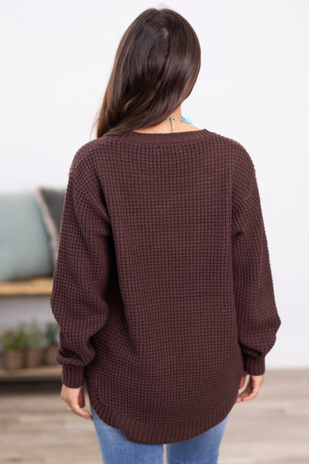 Dark Brown Waffle Knit Round Hem Sweater - Filly Flair