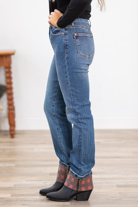 Judy Blue Plaid Print Cuff Straight Leg Jeans