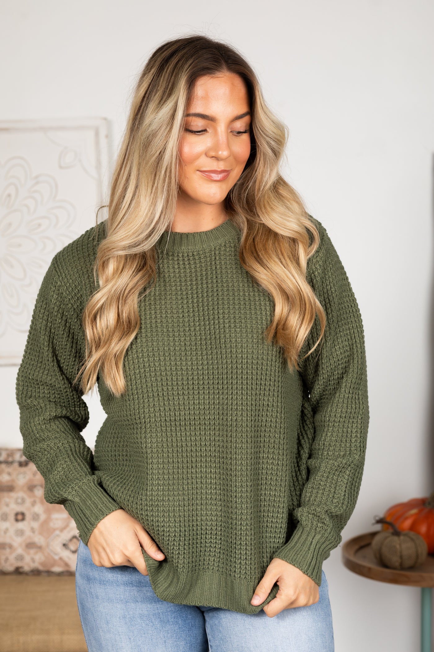 Waffle Knit Round Hem Sweater