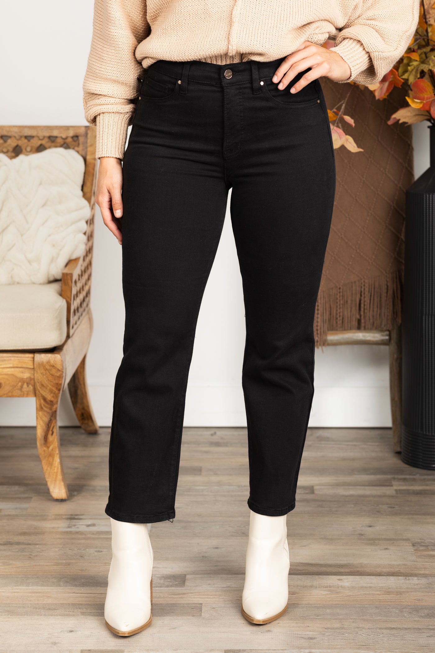 Risen Black Tummy Control Crop Straight Pants